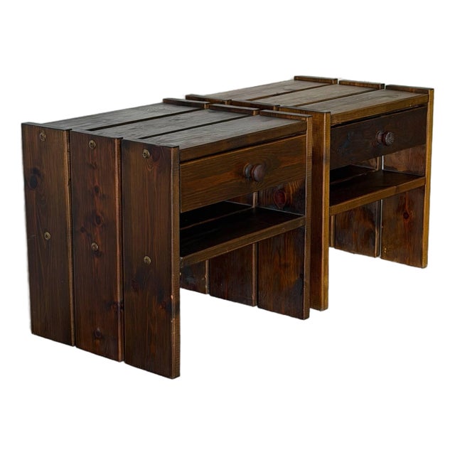 Oak Nightstands Side Tables Set of 2 Rustic Brutalist Vintage Mid-Century Modern 1970s For Sale