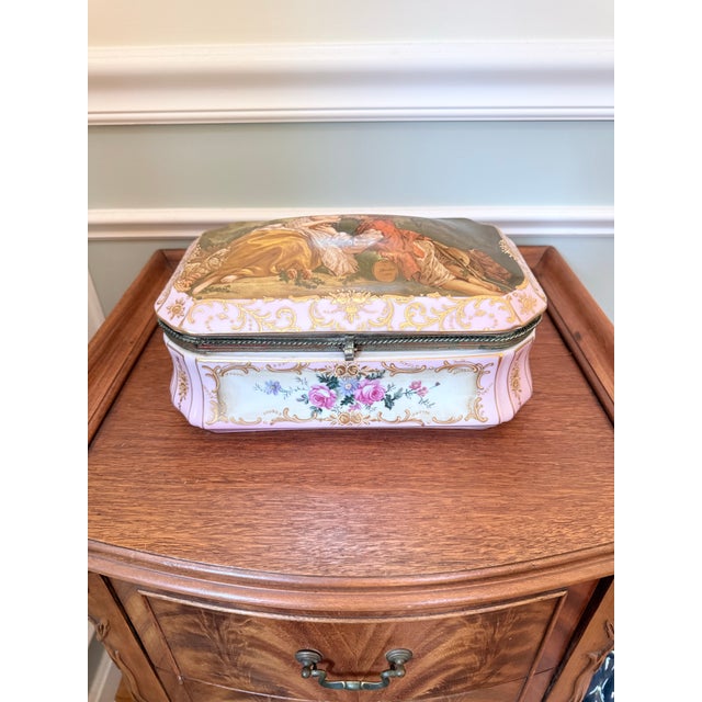 Large Antique French Sèvres-Style Porcelain Bombe Casket Box | Boucher Pastoral Scene | Rose Pink & Gilt | c.1880–1900 For Sale - Image 11 of 11