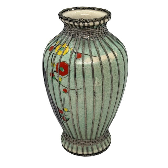 Japanese Mid 20th Century Japanese Silver Wire Wrapped Hand Painted Pottery Vase With Multicolored Floral Design For Sale - Image 3 of 12