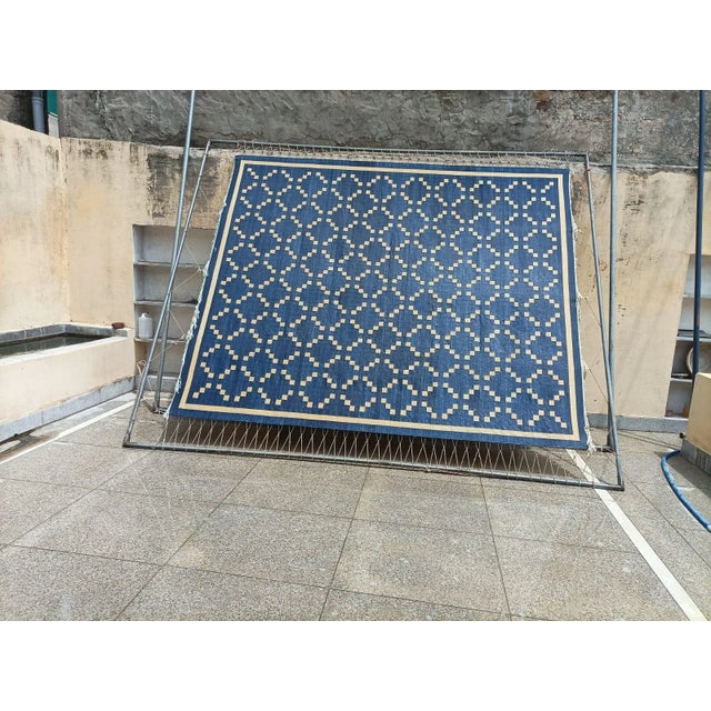 Handmade Cotton Rug, Contemporary Denim Blue and Cream Diamond Pattern Dhurrie - 12'x15' For Sale - Image 12 of 12