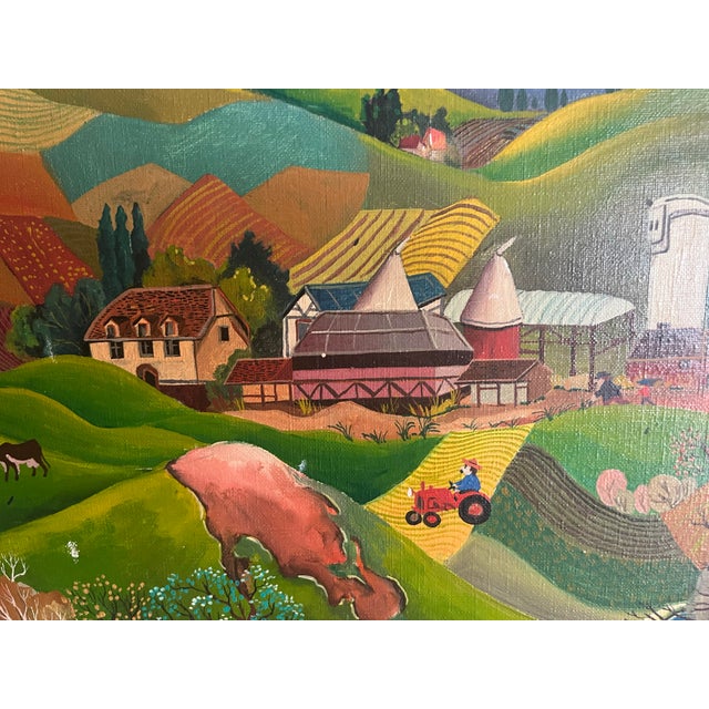 1970s Bin Kashiwa Original Oil Painting Folk Art Country Village Framed Canvas Signed For Sale - Image 10 of 12