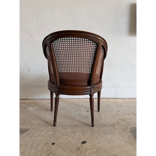 French Louis XVI Style Cane-Back Chair With Fluted Legs and Brown Leather Seat For Sale - Image 4 of 6