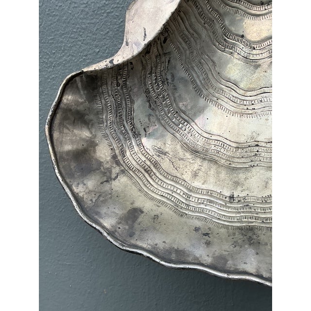 Vintage Hand Hammered Metal Oyster Shell Serving Bowl For Sale In West Palm - Image 6 of 13