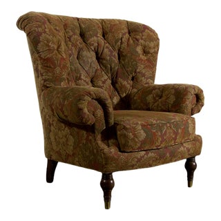 Oversized Sherrill Tufted Scroll Arm Barrel Back Lounge Chair With Turned Legs & Brass Caps, Made in Usa Late 20th Century For Sale