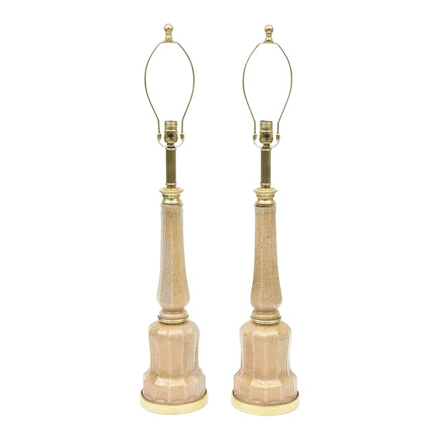 Vintage Maison Bagues Glass Table Lamps With Gold Inclusions and Brass, Pair Of, 1940's For Sale