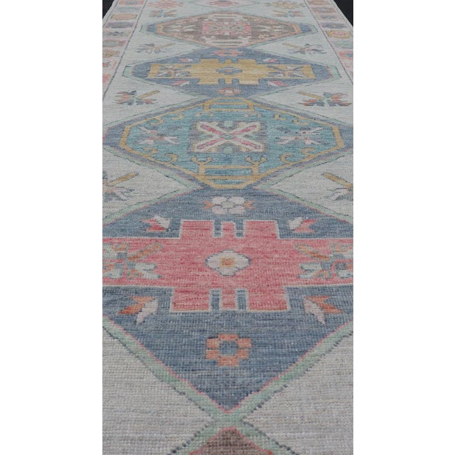 Modern Colorful Modern Oushak Runner With Diamond Medallions and Multi-Tier Border For Sale - Image 3 of 12