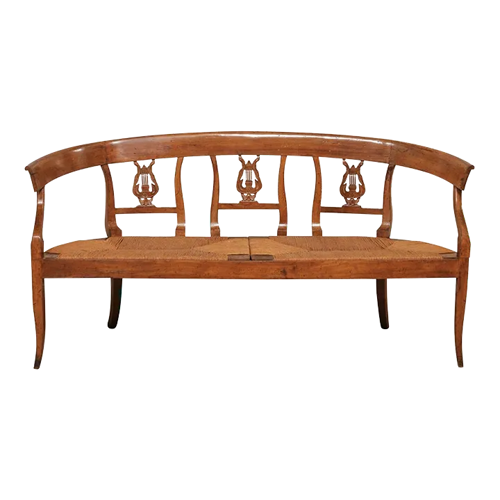 19th Century French Lyre-Back Splat Rush Seat Bench | Chairish