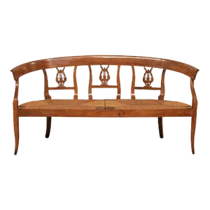 19th Century French Lyre-Back Splat Rush Seat Bench