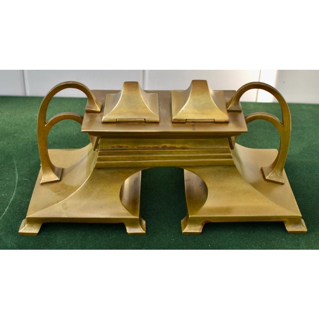 Antique Art Nouveau Bronze Dbl. Inkwell and Porcelain Inserts For Sale - Image 11 of 16