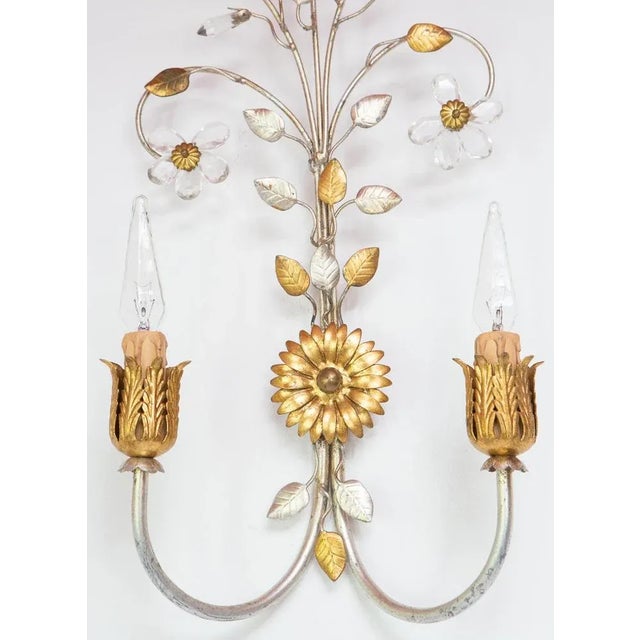 1990s Italian Wall Light in Silver and Gold Metal with Flowers, 1980s For Sale - Image 5 of 8