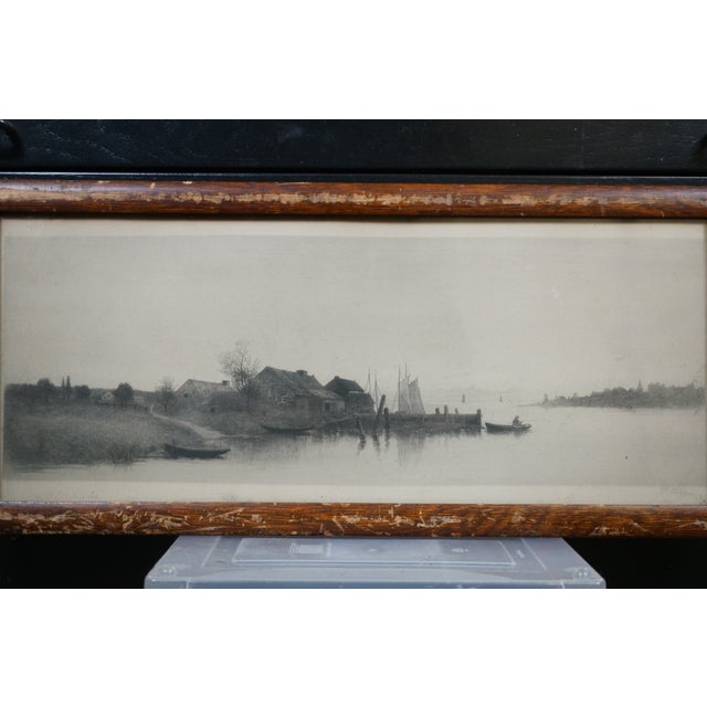 Antique Alfred J Haller Signed Fishing Village Sailboats Harbor Etching 23" For Sale - Image 4 of 12
