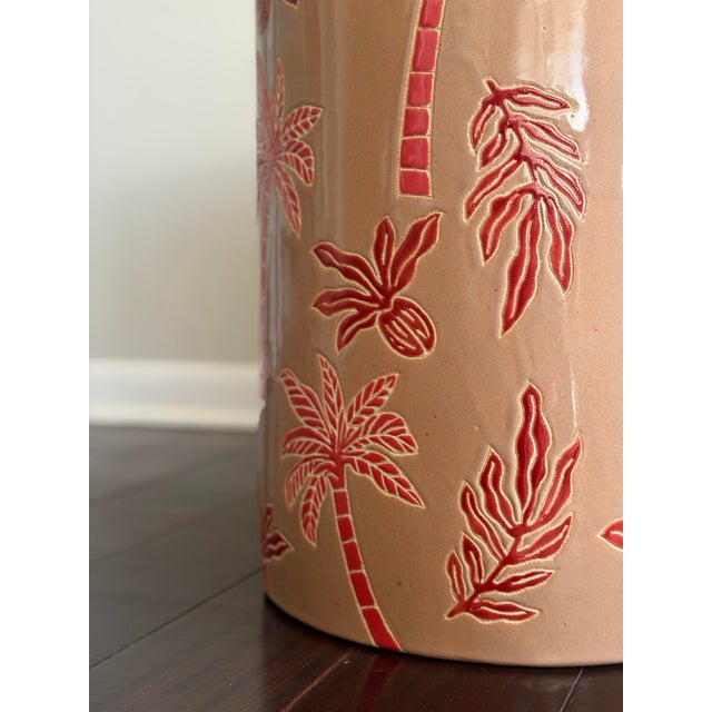Made Goods Tropical Palm Ceramic Garden Stool in Blush & Red Gloss Glaze Indoor Outdoor Side Table For Sale - Image 10 of 12