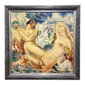 "Satyr and Nymph," Nudes in Paradise, Art Deco Painting