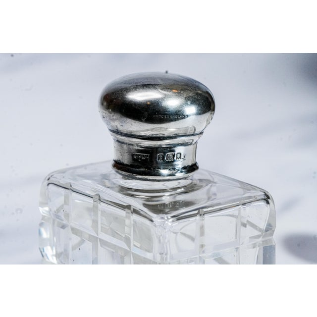Silver Set of 4, Beautiful Set Mappin and Webb Antique English Sterling Silver and Crystal Geometric Cut Pattern Vanity Dresser Jar and Bottle For Sale - Image 8 of 16