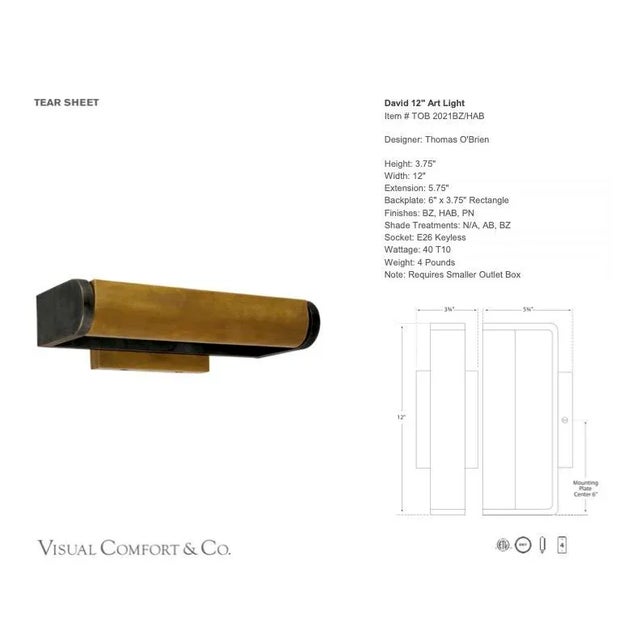 Visual Comfort Thomas O'Brien for Visual Comfort Signature David 12" Art Light in Bronze with Hand-Rubbed Antique Brass Shade For Sale - Image 4 of 6