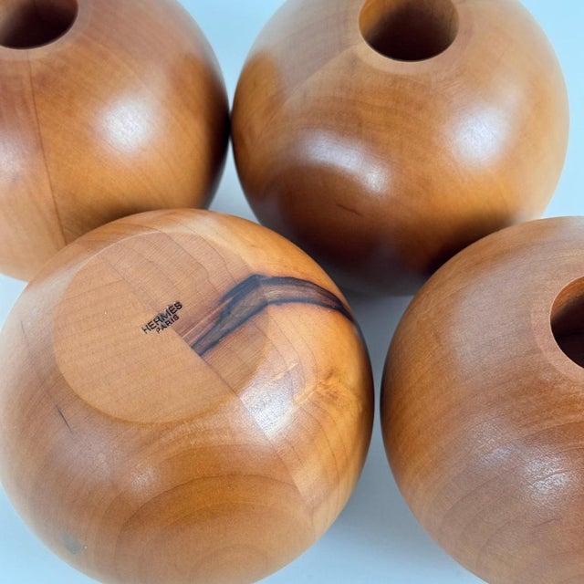 Spherical Pearwood Candleholders attributed to Bottega Ghianda for Hermès, 1970s, Set of 4 For Sale - Image 3 of 14