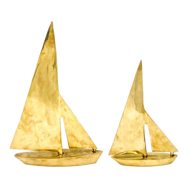 Vintage Nautical Brass Sailboat Sculptures a Pair – Mid-Century Modern / Coastal Style For Sale