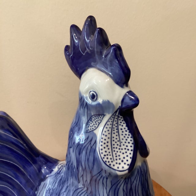 French Vintage Large Hand Painted White & Blue Ceramic Rooster Sculpture Numbered Signed For Sale - Image 3 of 12