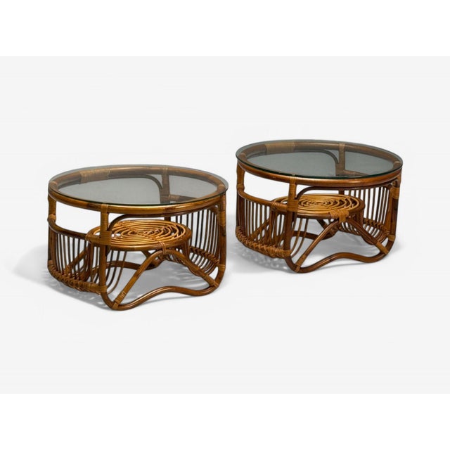 Franco Albini Style, Italian Mid-Century Modern, Side or End Tables, Bamboo, Rattan, Italy, 1960s Pair of organic modern...