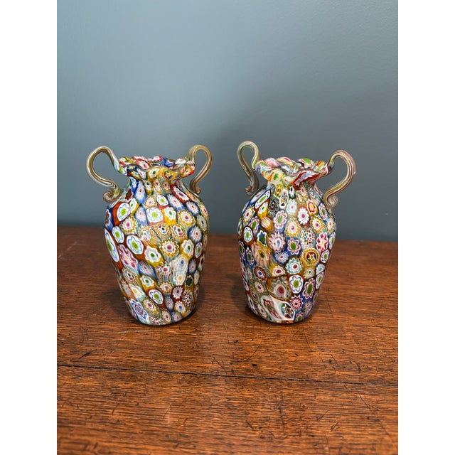 Fratelli Toso Fratelli Toso Murano Millefiori Double Handled Glass Vases- A Pair For Sale - Image 4 of 10