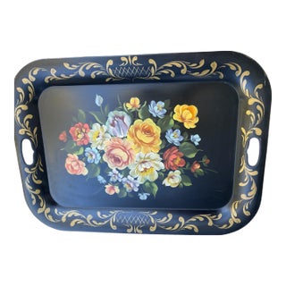 Vintage Mid Century Rectangle Shape Hand Painted Floral & Black Tea Tray For Sale