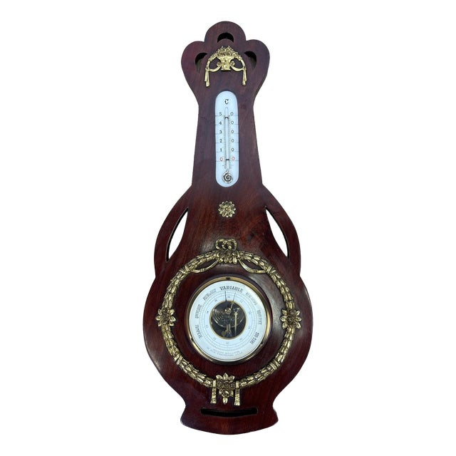 Vintage Brass and Mahogany Wall Barometer For Sale