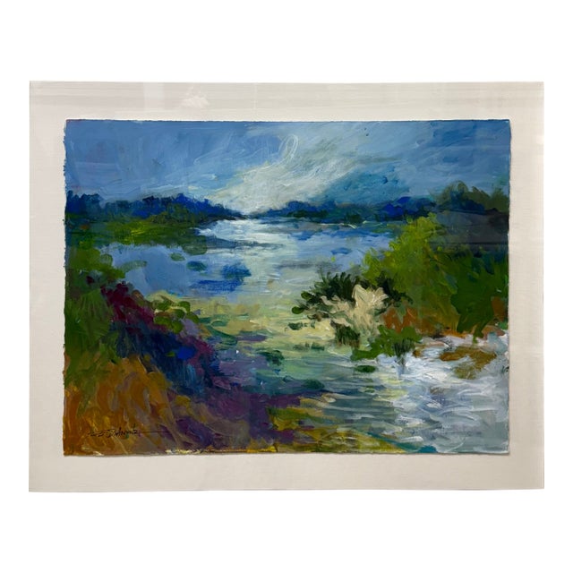 2025, Abstract Marsh Landscape, Contemporary Impressionist, Framed Acrylic Painting on Paper, Artist Ellen Diamond For Sale