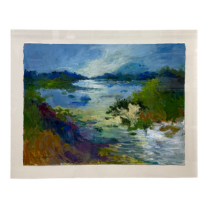 2025, Abstract Marsh Landscape, Contemporary Impressionist, Framed Acrylic Painting on Paper, Artist Ellen Diamond