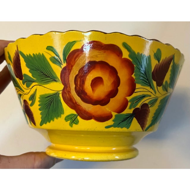Ceramic Antique Early 19th Century English Staffordshire Canary Yellow Bowl With Hand Painted Roses For Sale - Image 7 of 12