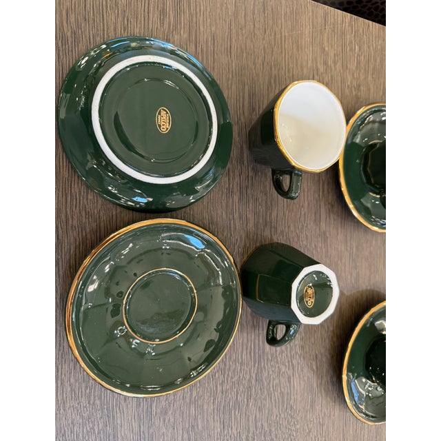 Green Late 20th Century Apilco Green + Gold Bistroware Demitasse Cups + Saucers, Set of Ten For Sale - Image 8 of 12