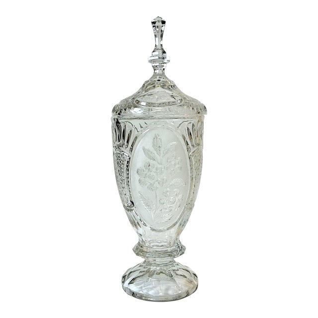 Mid-Century Boho Chic Hollywood Regency Yugoslavia Crystal Urn With Raised Flora Design. For Sale