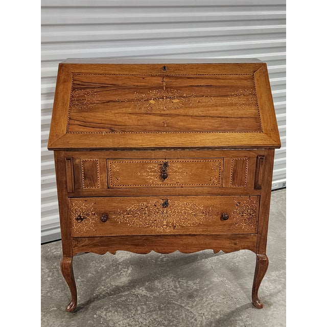 Antique late 19th century French inlay fruit wood secretary desk with slant front and cabriolet legs. Featuring beautiful...
