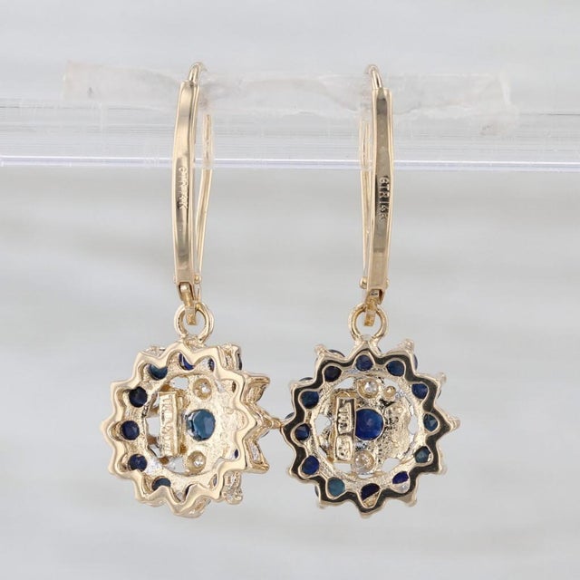 Modern Late 20th Century Pair of 0.96ctw Sapphire Diamond Flower Cluster Dangle Earrings 14k Gold Lever Backs For Sale - Image 3 of 5