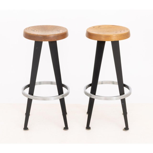 Modern Pair of After Jean Prouve Circular Oak Seat Bar Stools For Sale - Image 3 of 10
