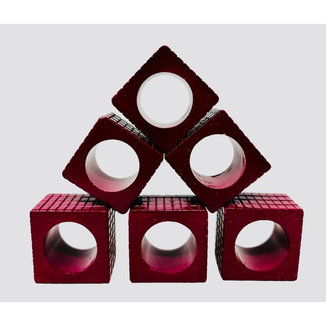 Vintage Magenta Square Embossed Plastic Napkin Rings - a Set of 6 For Sale - Image 4 of 8