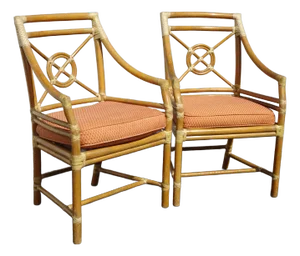 Pair Vintage McGuire Mid Century Target Bamboo Arm Chairs Dining Chairs Leather
