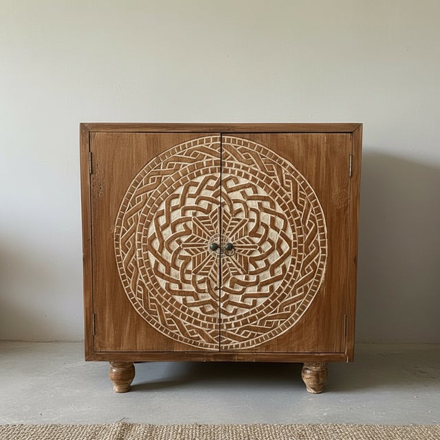Hand-Carved Solid Teak Mandala Cabinet — Sculptural Statement Storage From Bali For Sale - Image 9 of 12