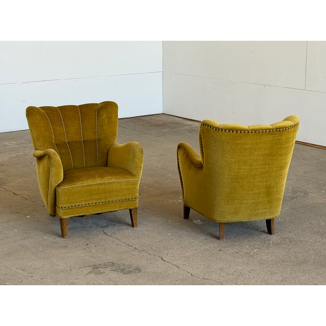 Scandinavian Wingback Lounge Chairs in Olive Velvet from Fritz Hansen, 1940s, Set of 2 For Sale - Image 13 of 13