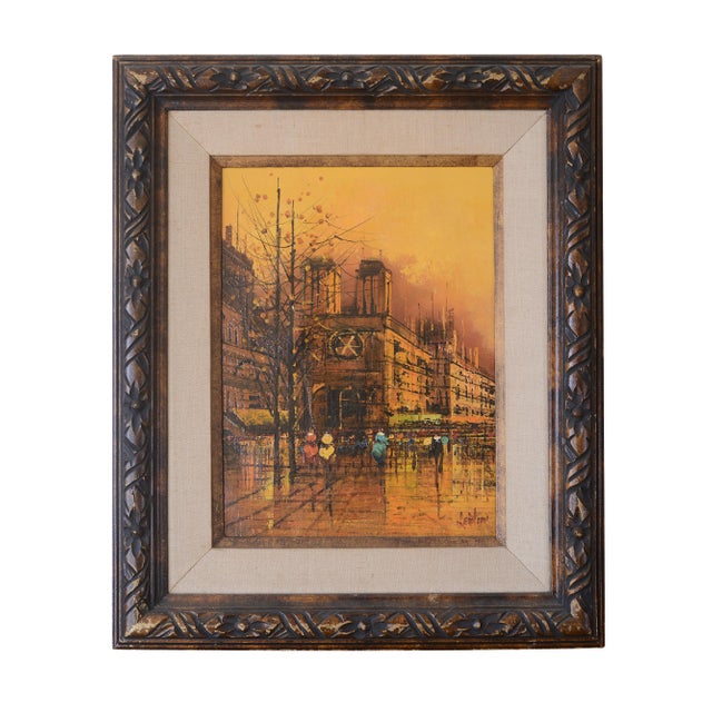 Beautiful pair of mid century modern brutalist signed paintings by Giovanni Lentini depicting Paris street scenes with...
