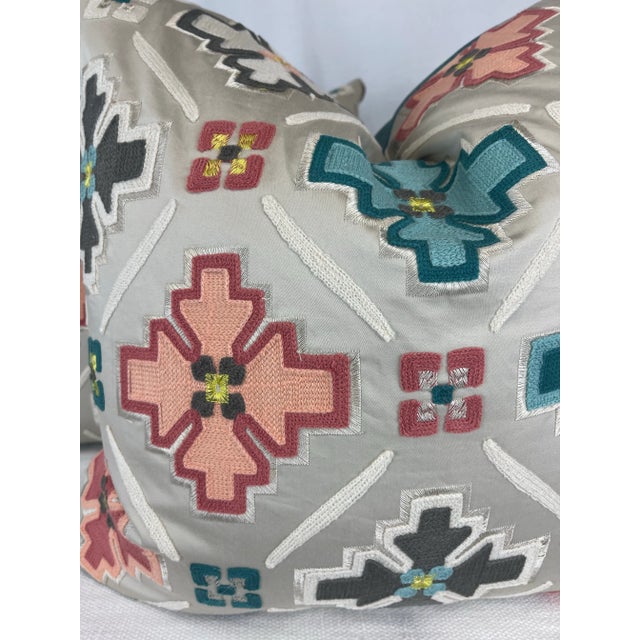 Custom pair of 22" pillows covered in Osborne & Little "Tarbouche", in color stone, teal, blush and backed in Clarke &...
