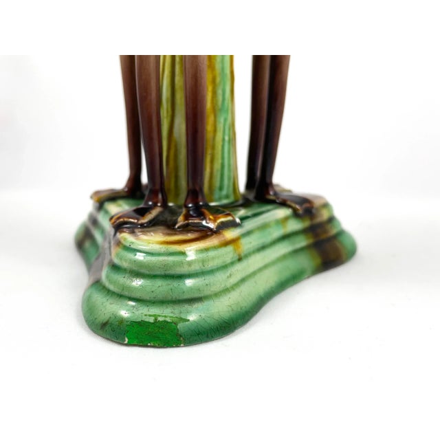 Ceramic Antique Late 19th Century Portuguese Manuel Mafra Majolica Candlestick, Storks With Ochre Leaves & Green Base For Sale - Image 7 of 9
