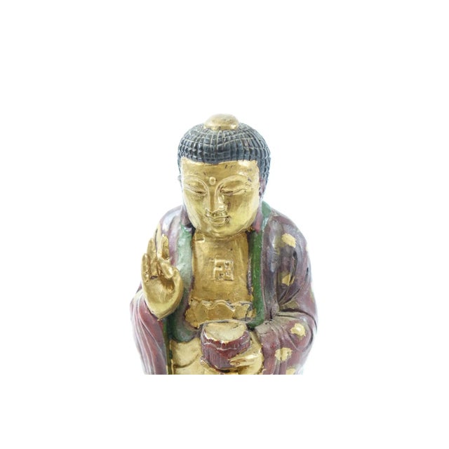 Antique Painted Wooden Carved of Buddha - 3" x 3" x 10"