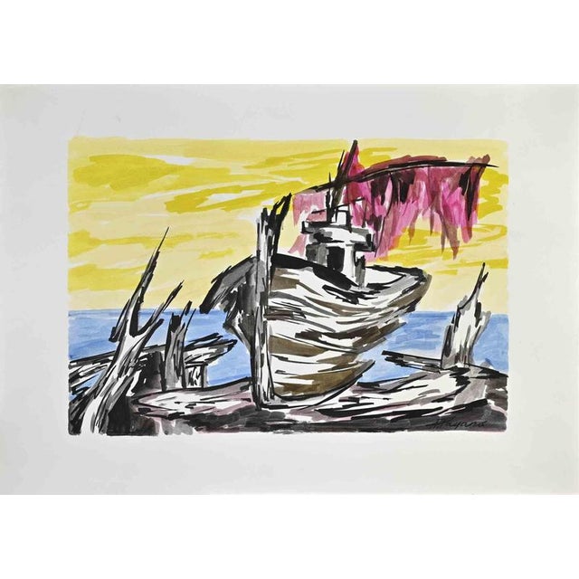 Contemporary Arturo Pagano, The Ship, Watercolor, 1980s For Sale - Image 3 of 3