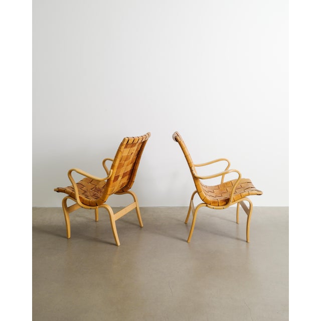 Bruno Mathsson Mid-Century Swedish Eva Armchairs in Birch and Brown Leather by Bruno Mathsson for Firma Karl Mathsson, 1970s, Set of 2 For Sale - Image 4 of 8