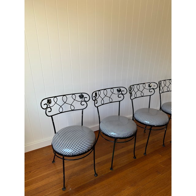 French Country Vintage Wrought Iron Dining Chairs With Gingham Seats, Set of 4 For Sale - Image 3 of 12