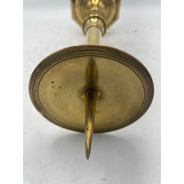 English Tall Brass Candlestick With Picket Top For Sale - Image 3 of 6