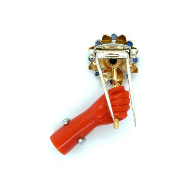 Cartier Mid 20th Century Cartier Paris, Diamond, Sapphire, Turquoise and Coral Hand With Flower Brooch For Sale - Image 4 of 6