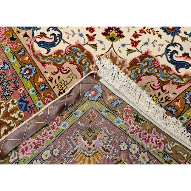 Persian Vintage Tabriz Square Area Rug, Hand-Knotted Wool & Silk, Fine Medallion Floral Pattern, Ivory & Pale Pink, 7x7 For Sale - Image 3 of 16