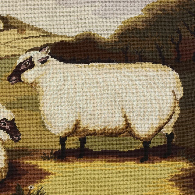 Early 21st Century Vintage Sheep in Landscape Needlework – Pastoral Farm Scene Textile Art With Black-Faced Ewes For Sale - Image 5 of 10