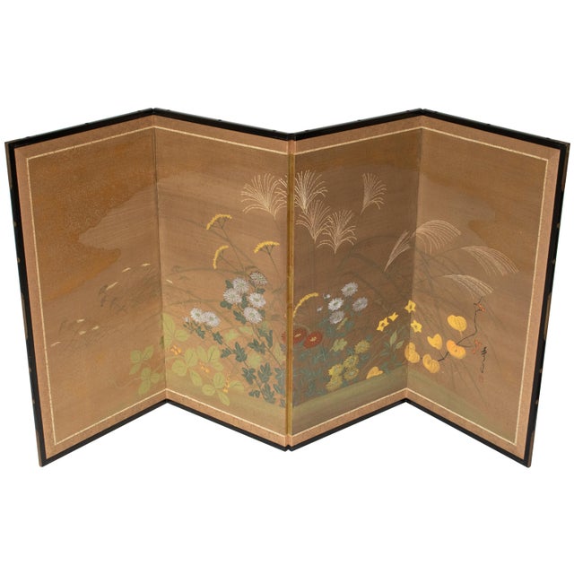 Fine Japanese painted 4-panel byobu (folding screen) "Akigusa" (Autumn Flowers) by Hideka. Yamato-E style. Signed and...
